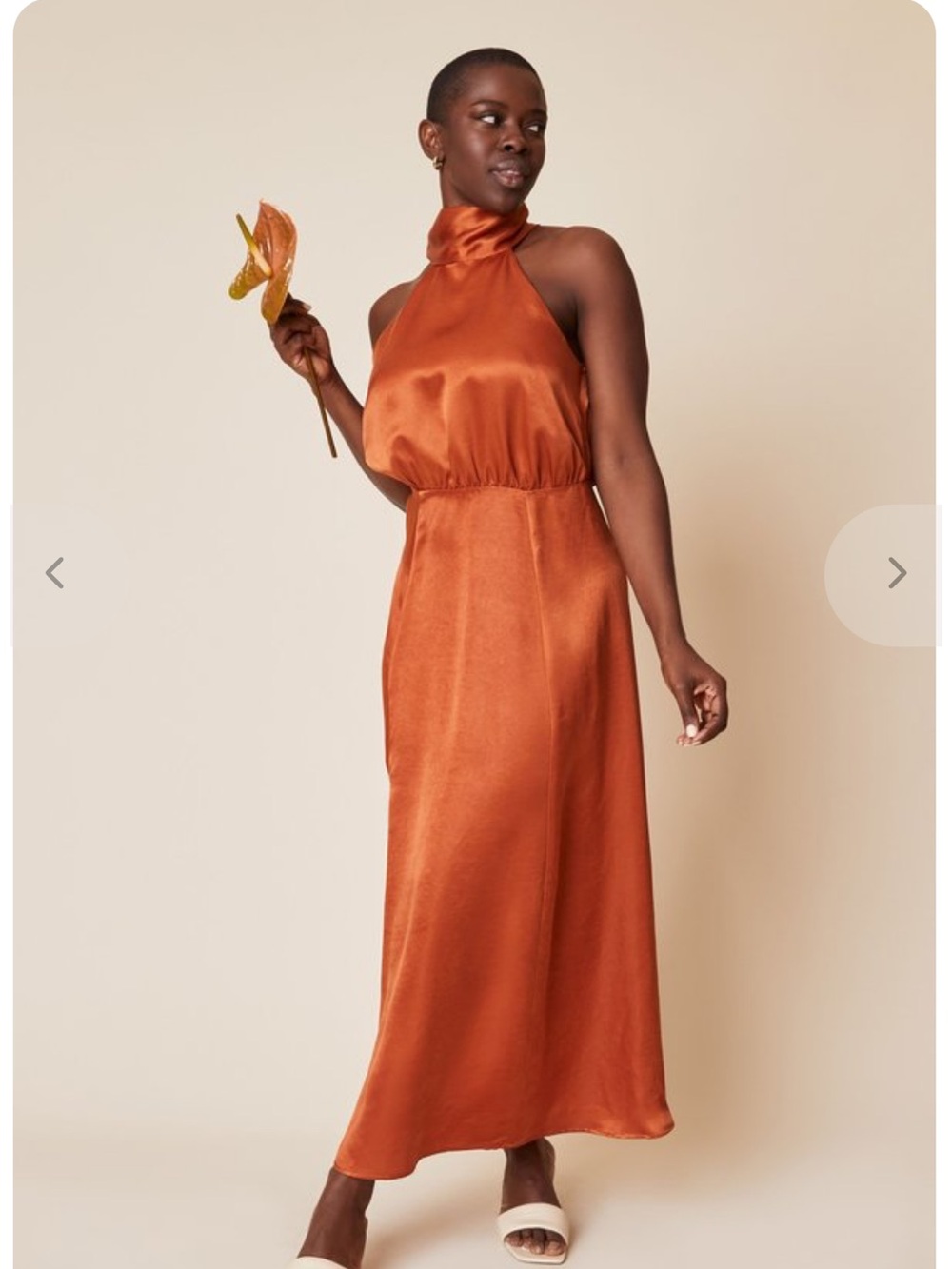 Whimsy and Row Satin Halter Maxi Dress in Copper